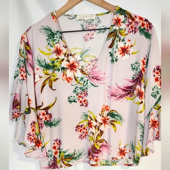 Lovestitch Top Women's Size Small Purple Floral Flutter Sleeve Boho Peasant - Picture 1 of 6